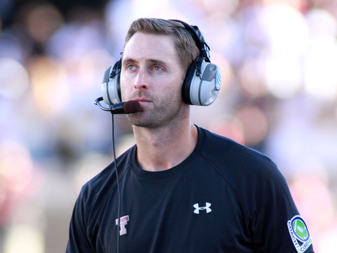 Sep 21, 2013; Lubbock, TX, USA; Texas Tech Red Raiders head coach Kliff Kingsbury on the sidelines during the game with the Texas State Bobcats at Jones AT&T Stadium. Mandatory Credit: Michael C. Johnson-USA TODAY Sports